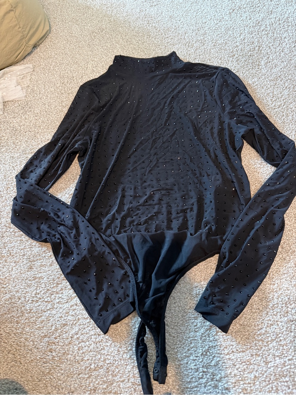 Women’s Black Long-Sleeve Mock Neck Bodysuit with rhinestone Detail